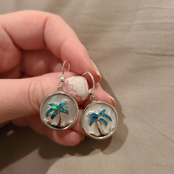 Palm tree opal mother of pearl sterling silver drop earrings - Picture 3 of 7